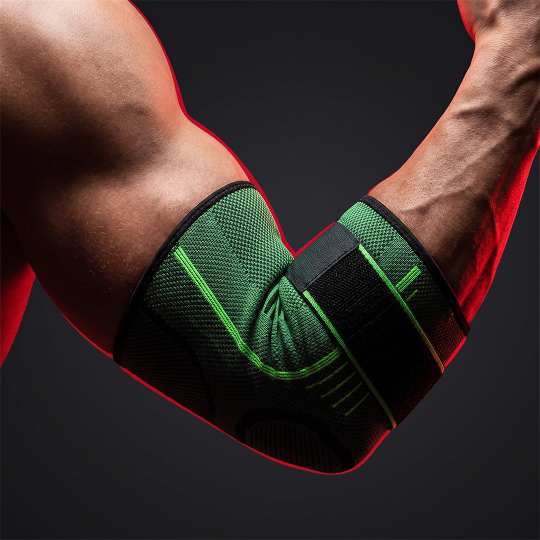 Adjustable Elbow Compression Sleeve — green hero product shot on flexed arm