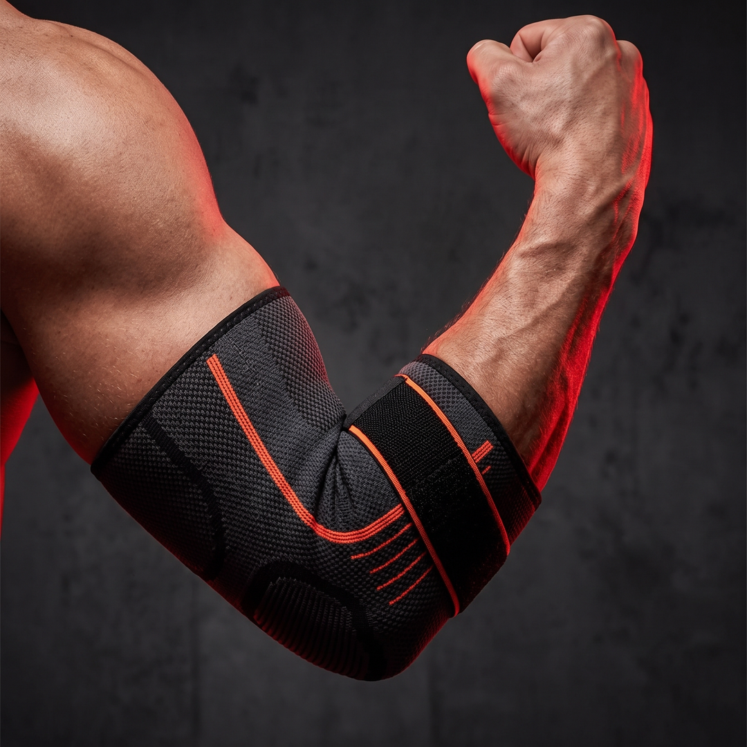 Adjustable Elbow Compression Sleeve — orange hero product shot on flexed arm