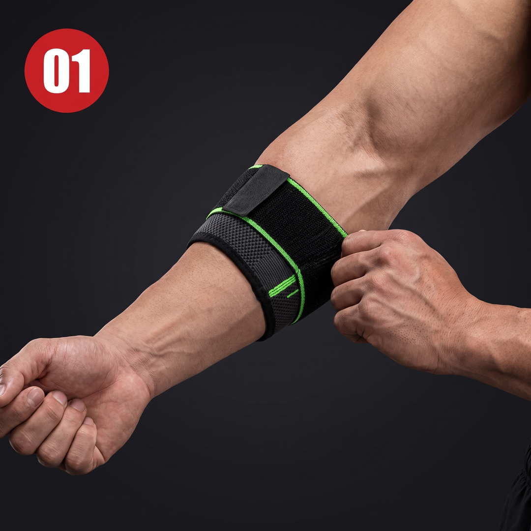 Adjustable Elbow Compression Sleeve — how to wear, step 1 sliding on