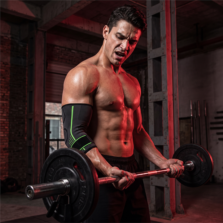 Adjustable Elbow Compression Sleeve — worn during barbell bicep curls