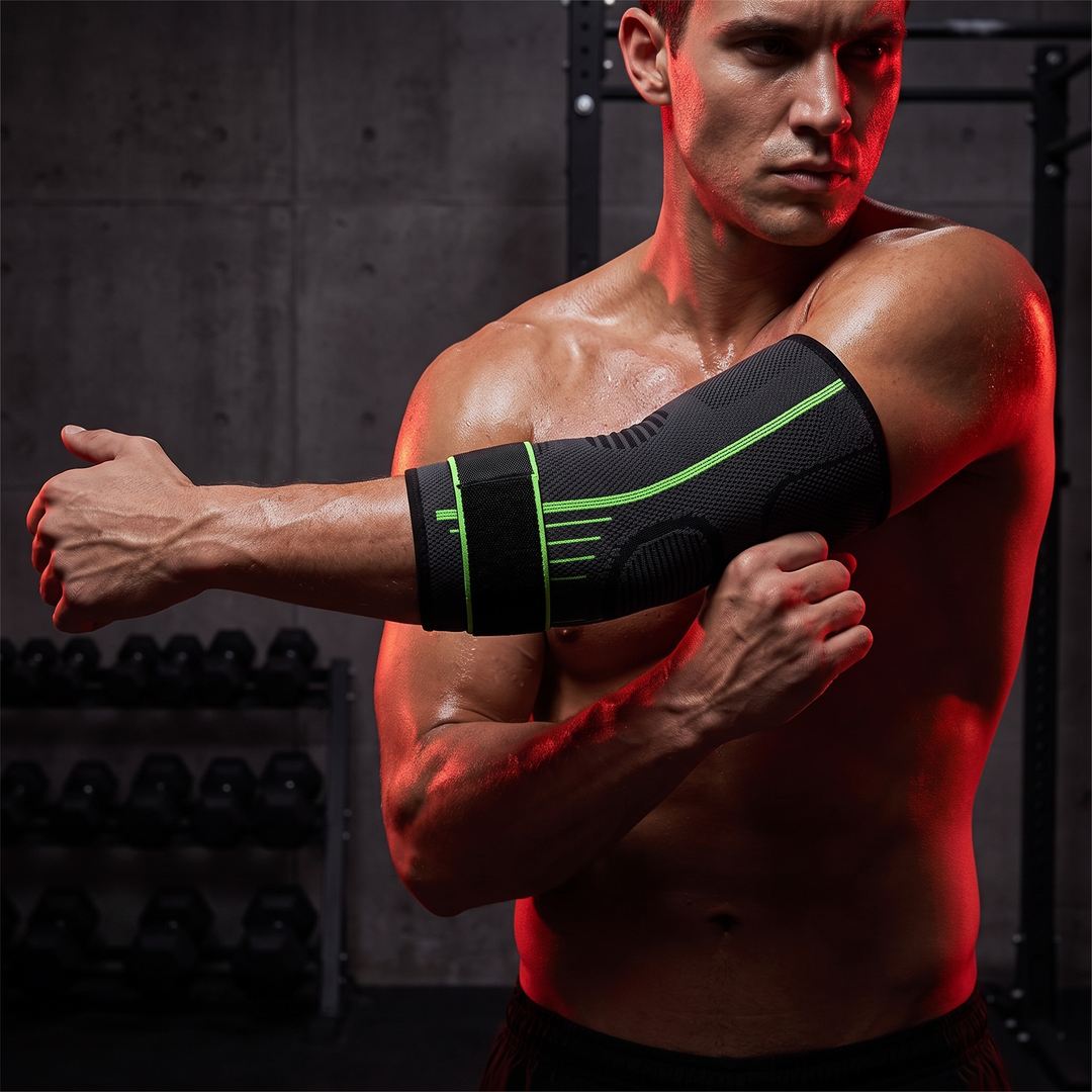 Adjustable Elbow Compression Sleeve — worn while stretching and warming up