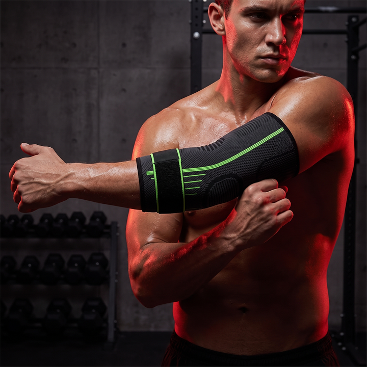 Adjustable Elbow Compression Sleeve — worn while stretching and warming up