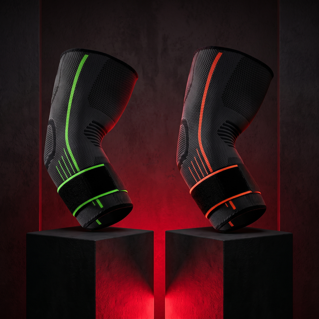 Adjustable Elbow Compression Sleeve — green and orange hero shot side by side