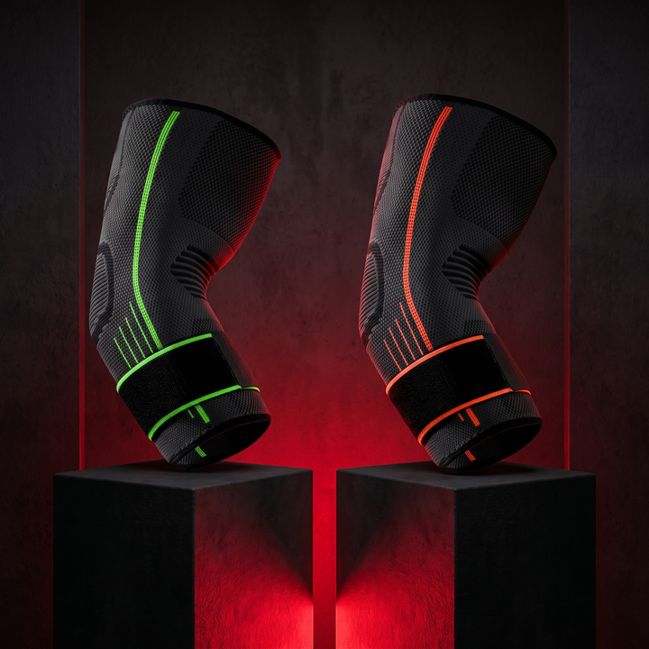 Adjustable Elbow Compression Sleeve — green and orange hero shot side by side