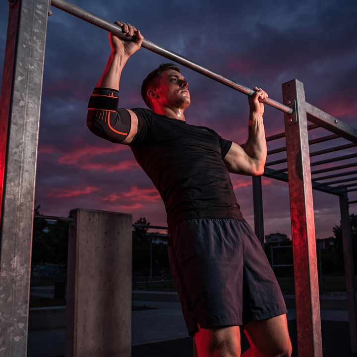 Adjustable Elbow Compression Sleeve — worn during outdoor pull-up training