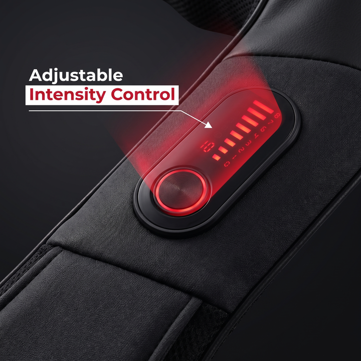 Close-up of adjustable intensity control and display on the neck and shoulder massager