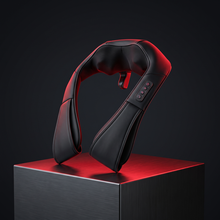 PHYSIOATHLETX neck and shoulder pulse massager - angled studio shot on pedestal