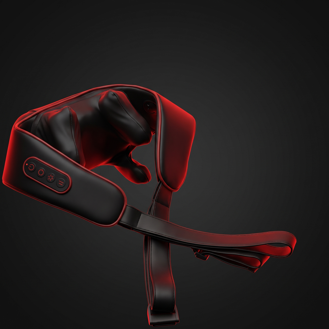 PHYSIOATHLETX neck and shoulder pulse massager - front hero shot on dark background with red accent lighting
