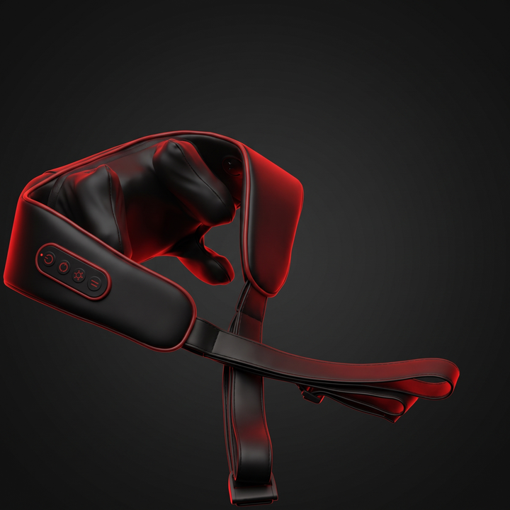 PHYSIOATHLETX neck and shoulder pulse massager - front hero shot on dark background with red accent lighting