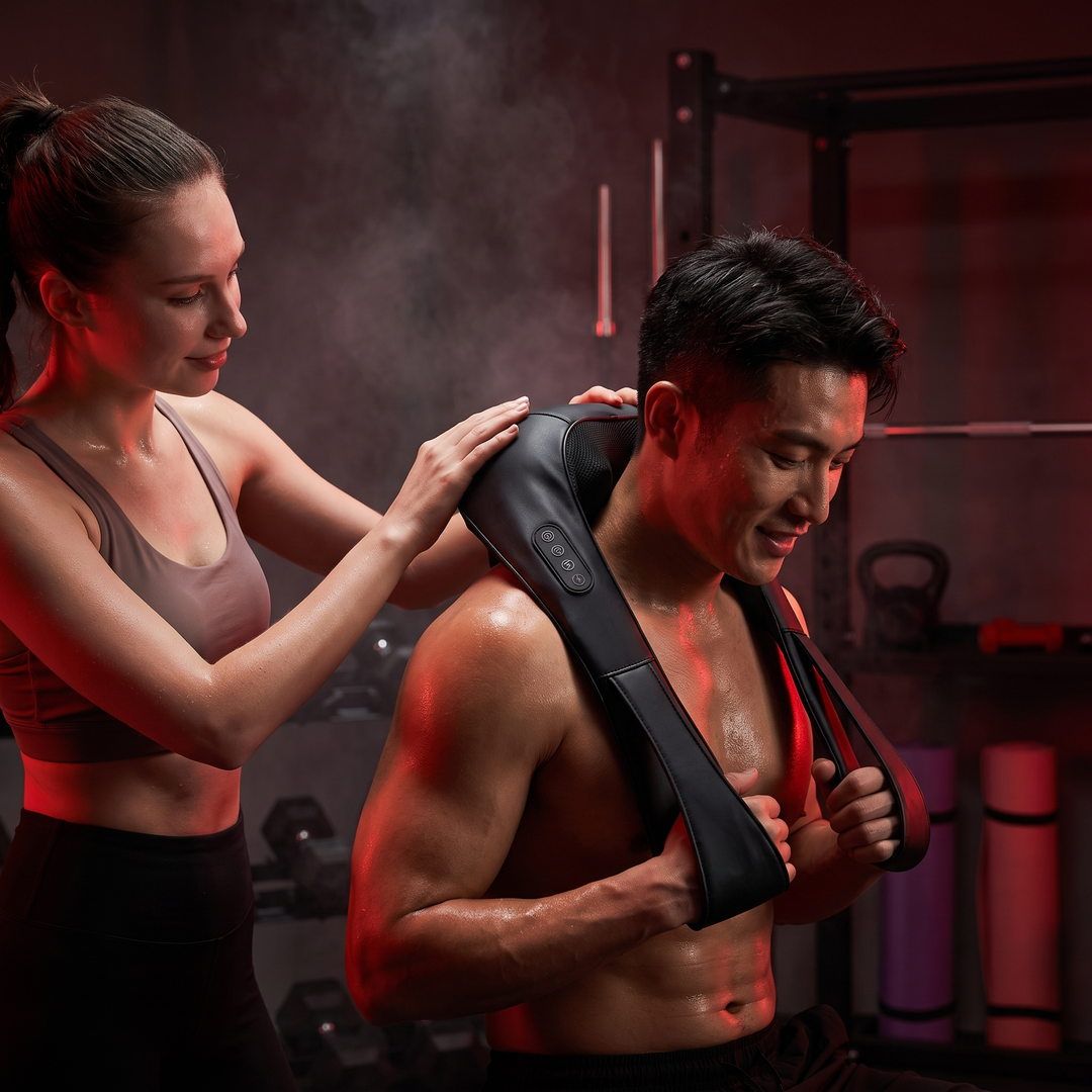 Two people in a home gym setting, one helping put on the neck and shoulder pulse massager after a workout