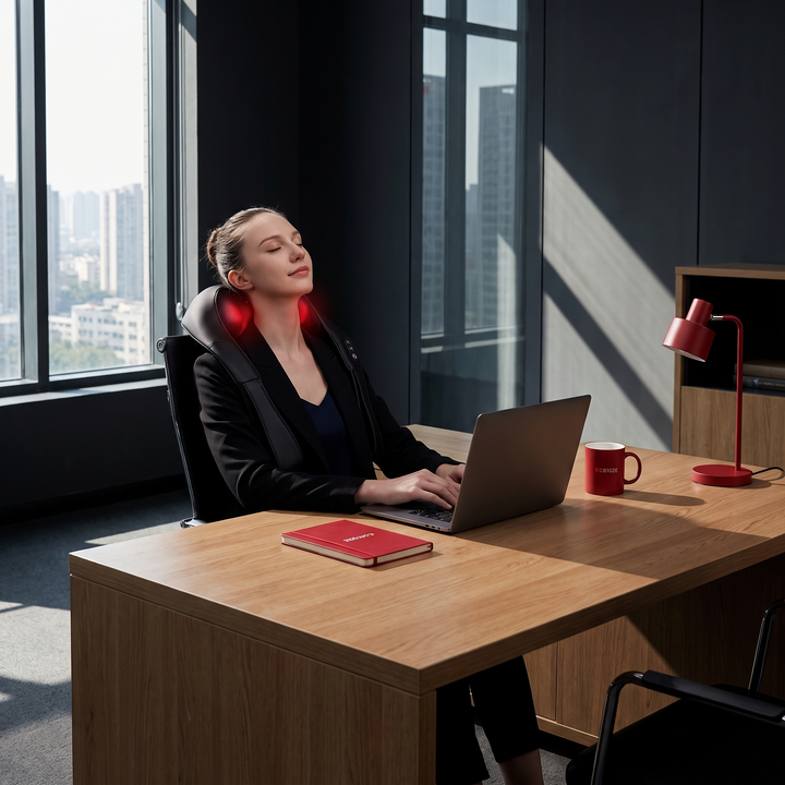 Person at an office desk wearing the neck and shoulder pulse massager during a work break