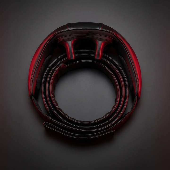 Top-down studio shot of the neck and shoulder pulse massager coiled