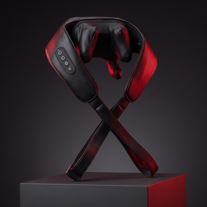 Neck and shoulder pulse massager displayed upright in studio lighting