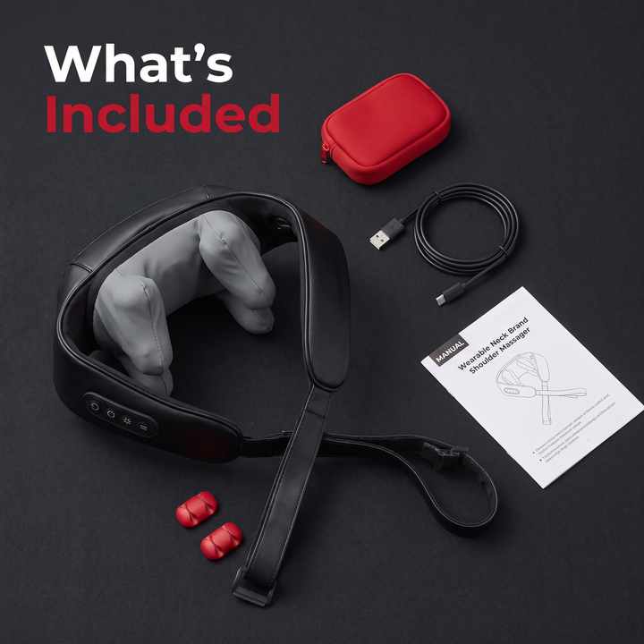 Flat lay of neck and shoulder massager, USB charging cable, and instruction manual - what&