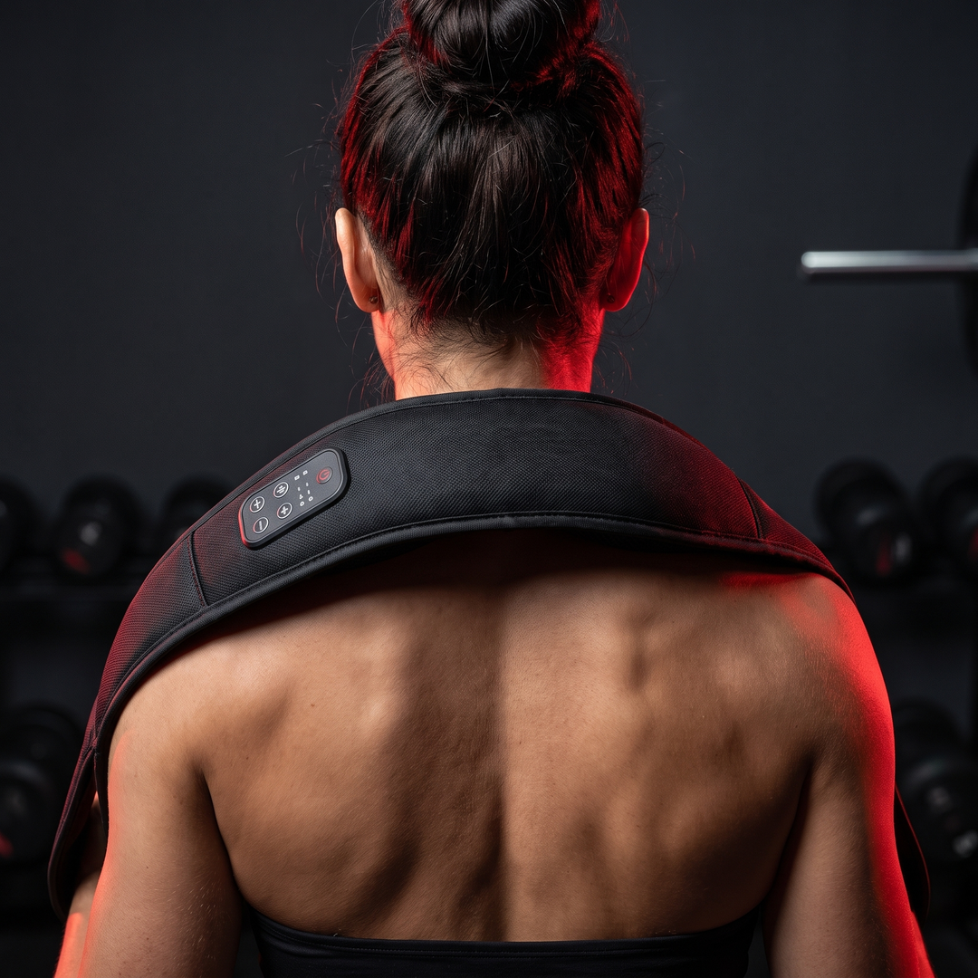 Neck and shoulder pulse massager worn around the neck and shoulders - back view