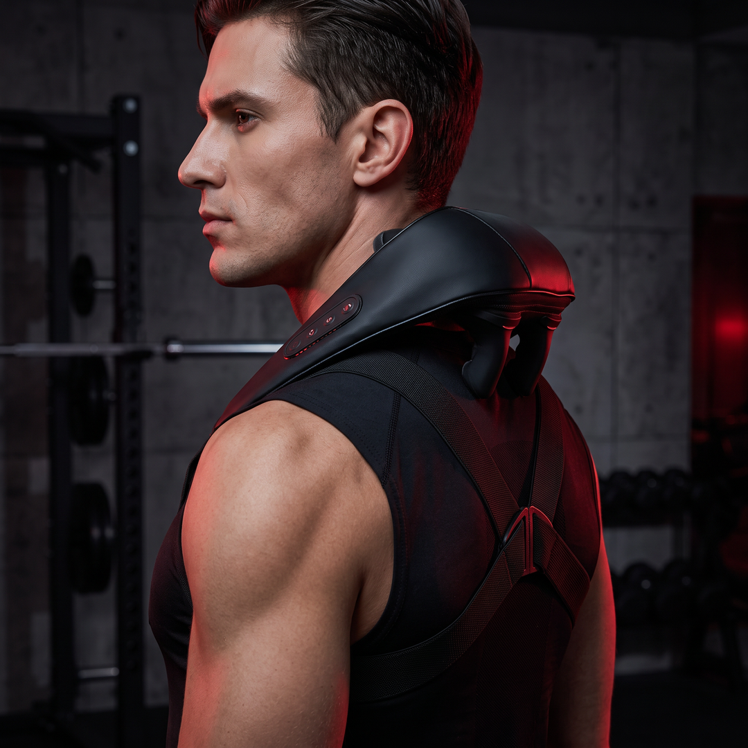 Neck and shoulder pulse massager worn around the neck - side profile view