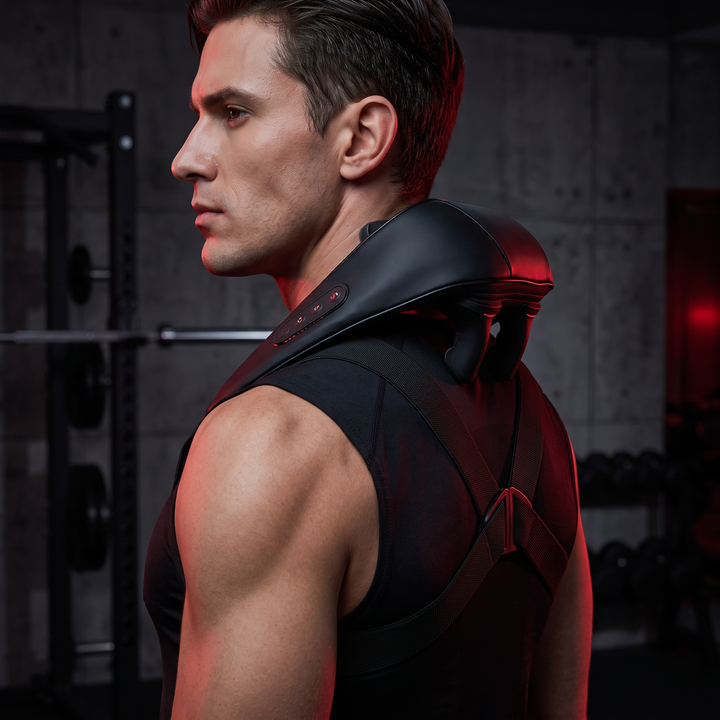 Neck and shoulder pulse massager worn around the neck - side profile view