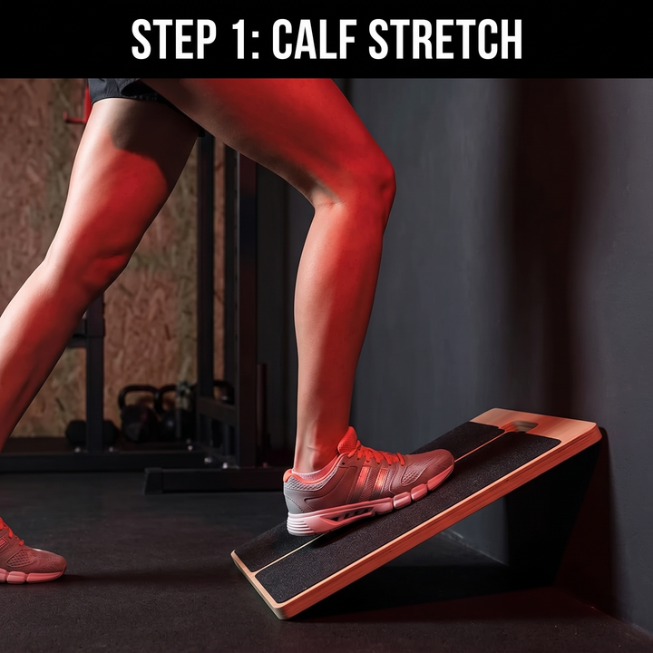 Professional Adjustable Slant Board Wooden Calf Stretching Board Non-Slip Squat Wedge Stretch Board for Home Gym Mobility Strength Training - Step 1 Calf Stretch