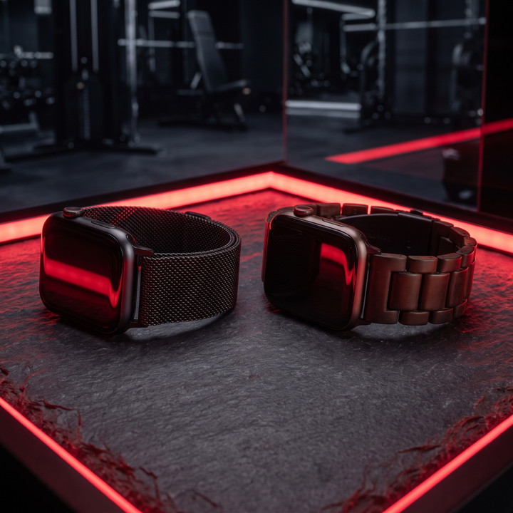 PHYSIOATHLETX smart fitness watch band comparison - black Milanese mesh steel and bamboo joint bands