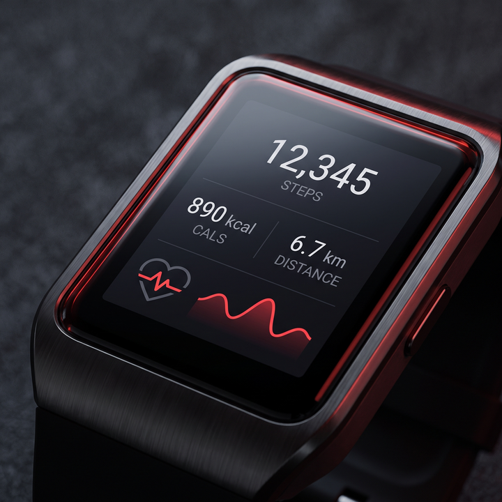 PHYSIOATHLETX smart fitness watch display showing activity dashboard - steps, calories, and heart rate tracking