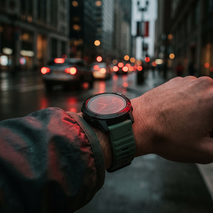 PHYSIOATHLETX smart fitness watch worn during a night run, green silicone band