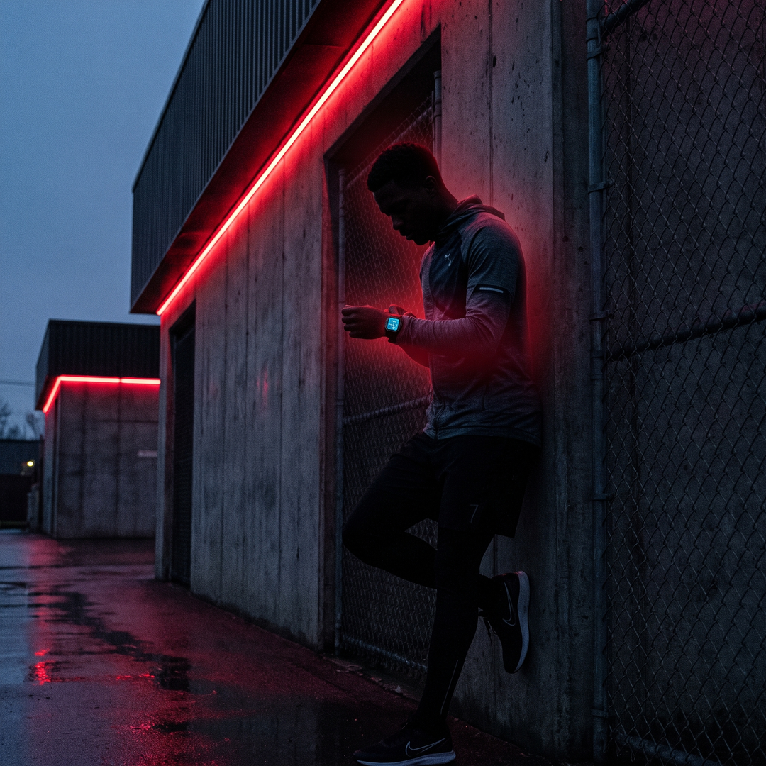 PHYSIOATHLETX smart fitness watch worn during an outdoor run at dusk