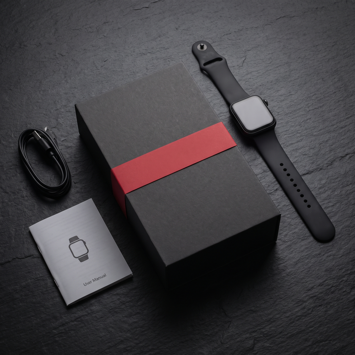 PHYSIOATHLETX smart fitness watch packaging with charging cable and manual