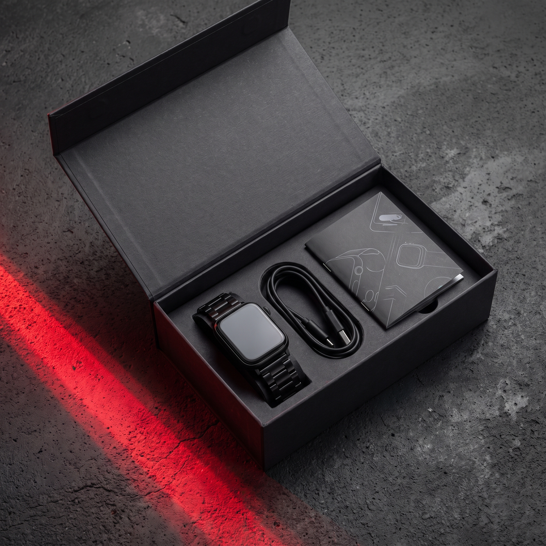 PHYSIOATHLETX smart fitness watch unboxing flat lay with black steel band