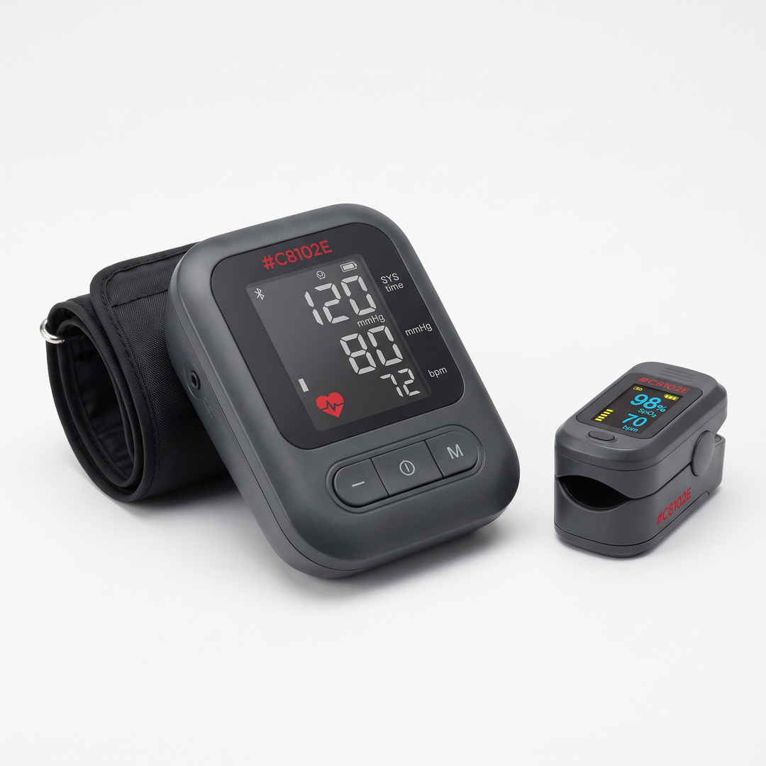 Blood pressure monitor and pulse oximeter displayed together for home health tracking