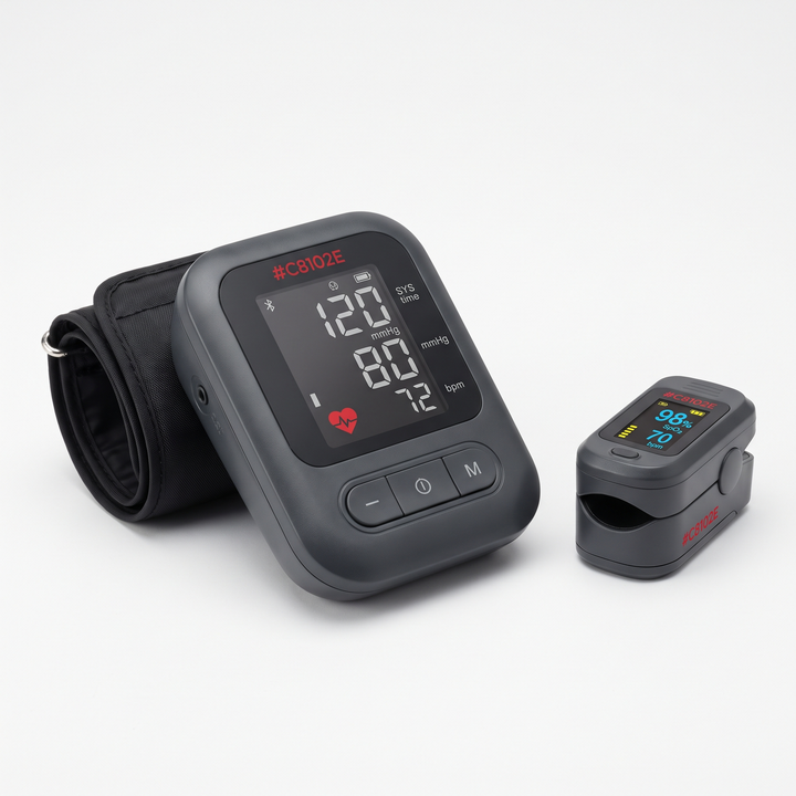 Blood pressure monitor and pulse oximeter displayed together for home health tracking