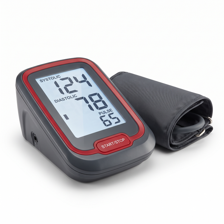 Digital blood pressure monitor console with large easy-to-read display and attached cuff