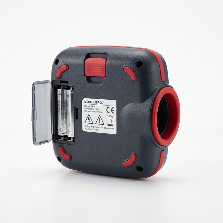 Back view of digital blood pressure monitor showing battery compartment and cuff port