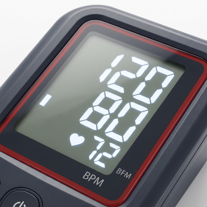 Close-up of blood pressure monitor digital display showing heart rate and reading numbers