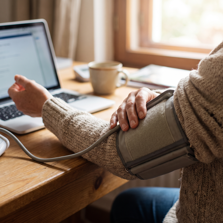 Adjusting blood pressure cuff for daily health tracking at a home desk