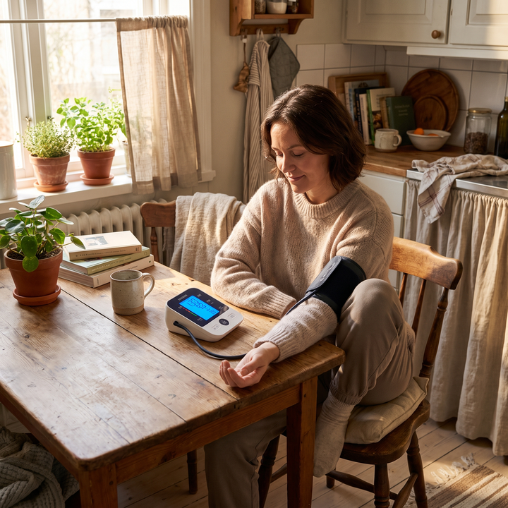 Person tracking blood pressure reading at home kitchen table