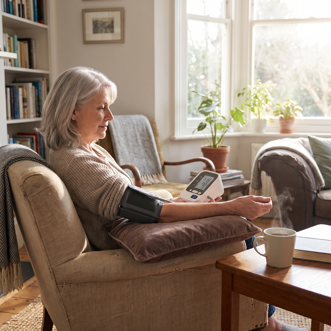 Person checking blood pressure reading at home in a cozy living room