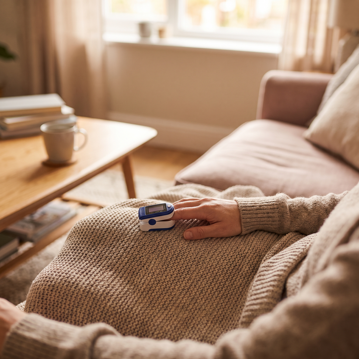 Person using pulse oximeter at home while relaxing on the sofa