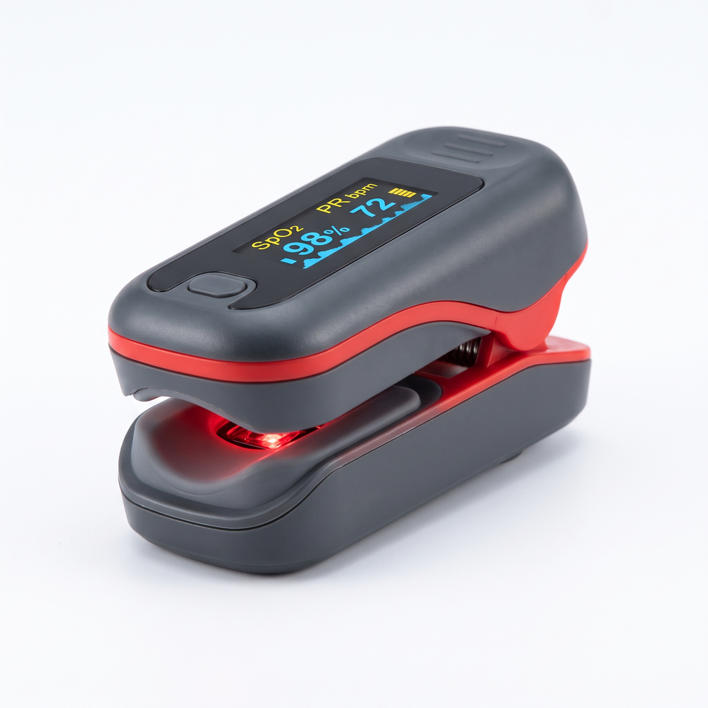 Portable fingertip pulse oximeter with sensor clip open, for daily health tracking at home