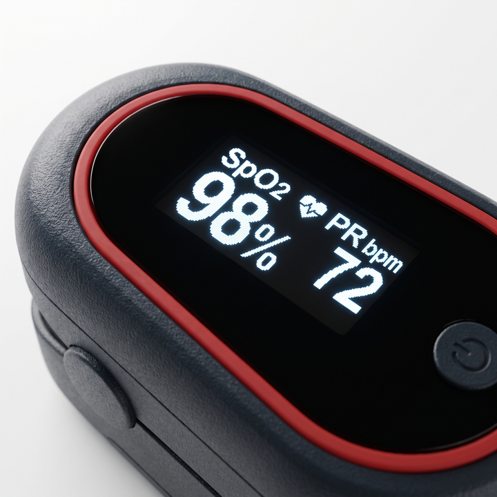 Pulse oximeter easy-to-read digital display showing heart rate and blood oxygen level readings
