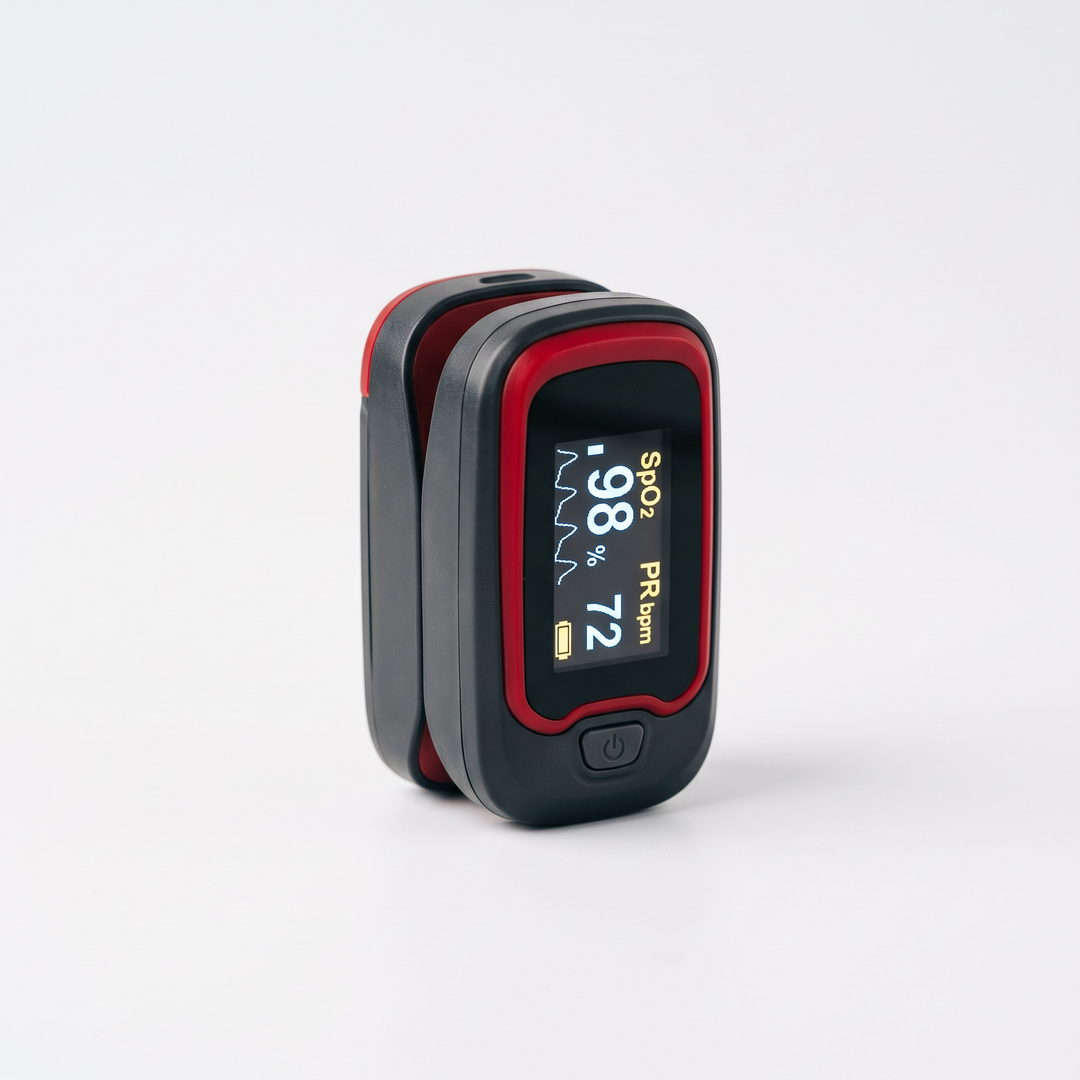 Compact pulse oximeter for home health tracking, dark charcoal design with red accent