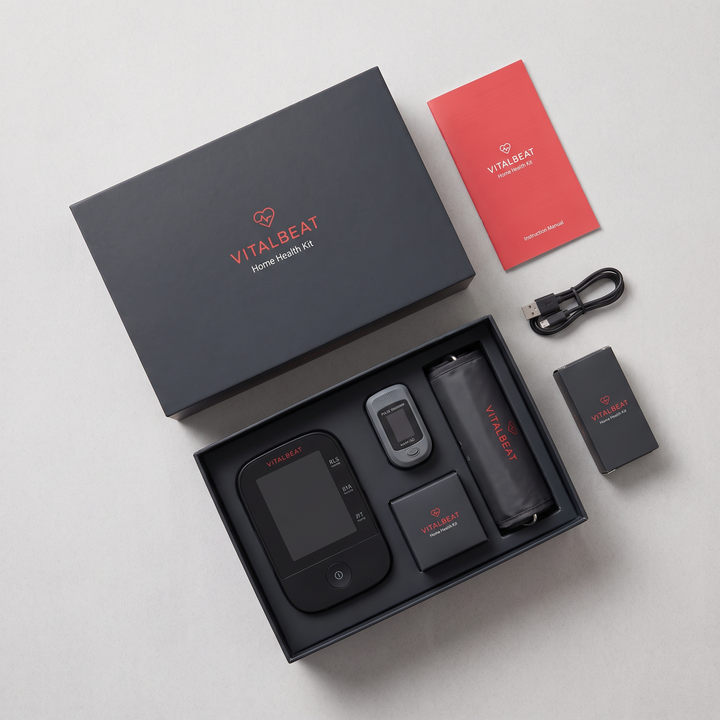 Flat lay of blood pressure monitor and pulse oximeter retail packaging