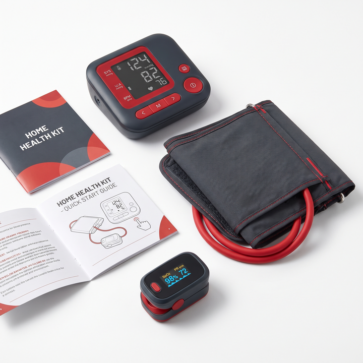 Flat lay of blood pressure monitor, cuff, pulse oximeter and instruction booklet