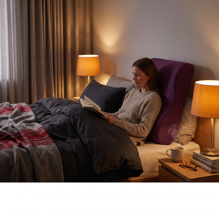 Evening relaxation scene with purple contour memory foam pillow
