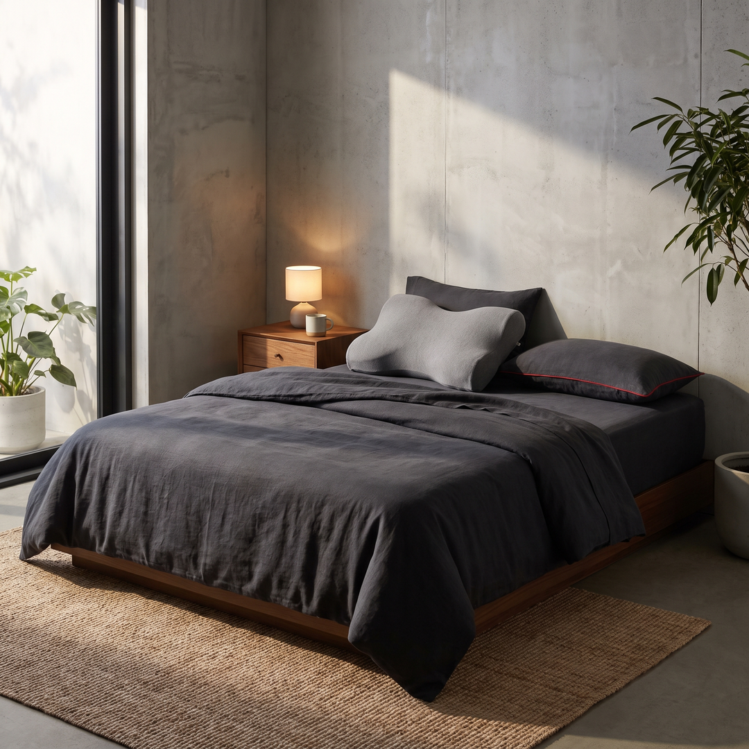 Contour memory foam pillow styled in a calm modern bedroom setting
