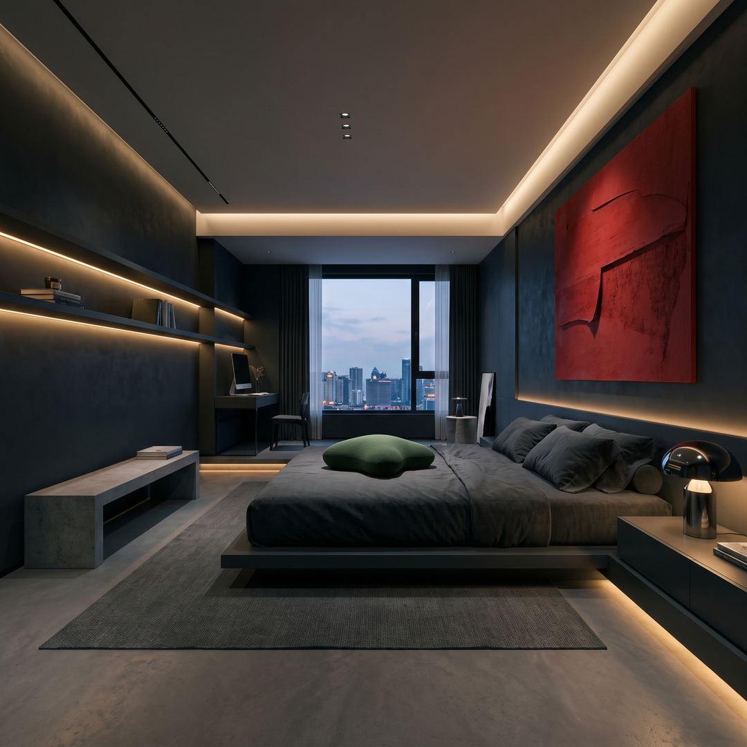 Wide bedroom lifestyle scene featuring green contour memory foam pillow