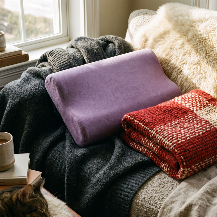Purple contour pillow nestled in cozy bedding for premium sleep comfort