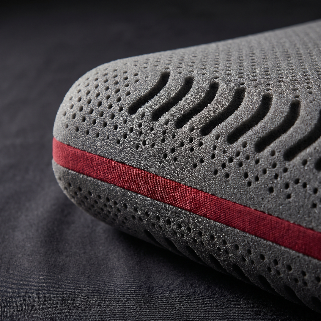 Close-up of breathable ventilation channels along contour memory foam pillow