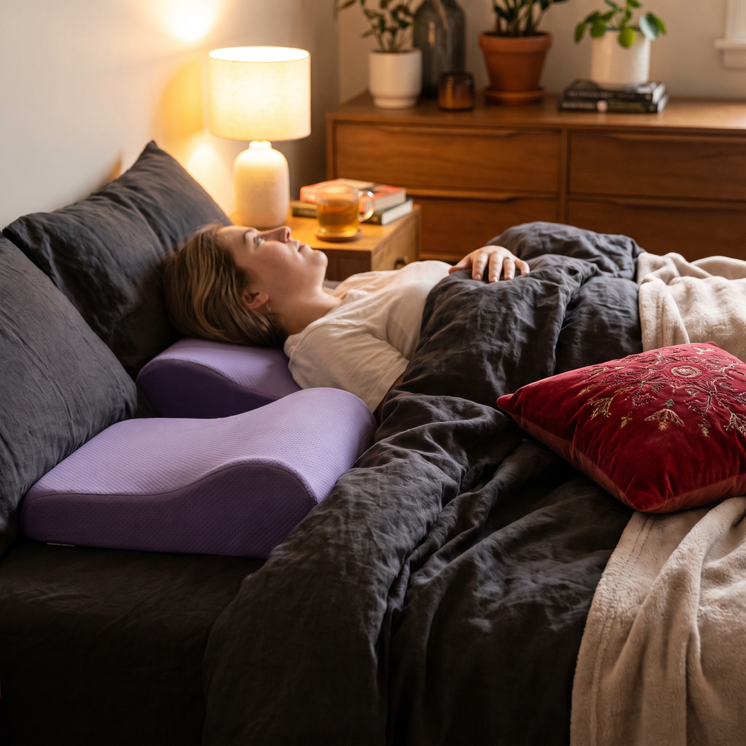 Back sleeper resting on purple contour memory foam pillow in a calm bedroom
