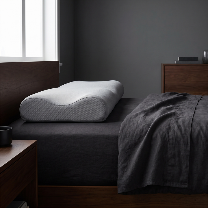 Alternate angle lifestyle shot of grey contour memory foam pillow on a bed