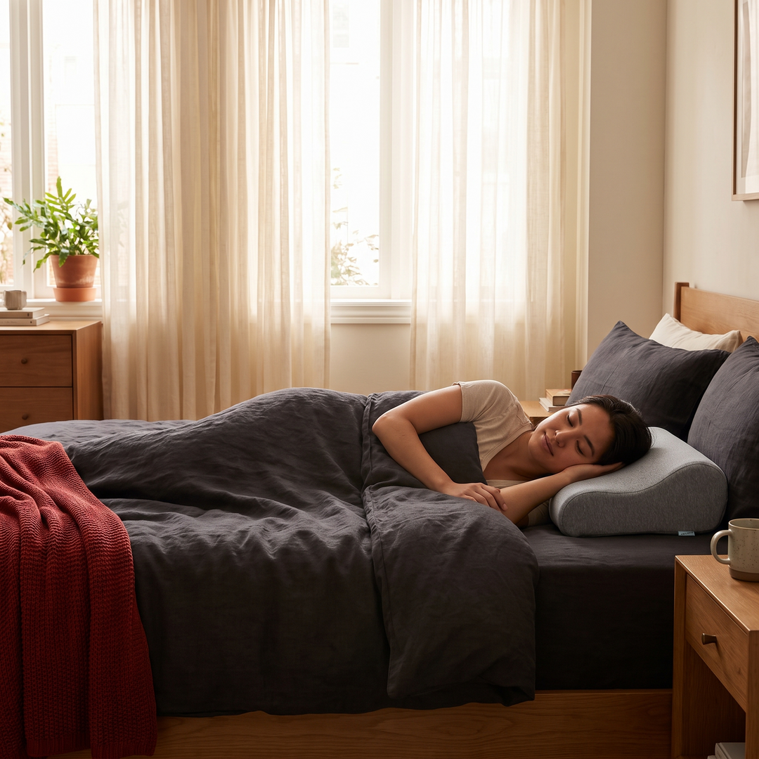 Side sleeper resting on grey contour memory foam pillow in a calm bedroom